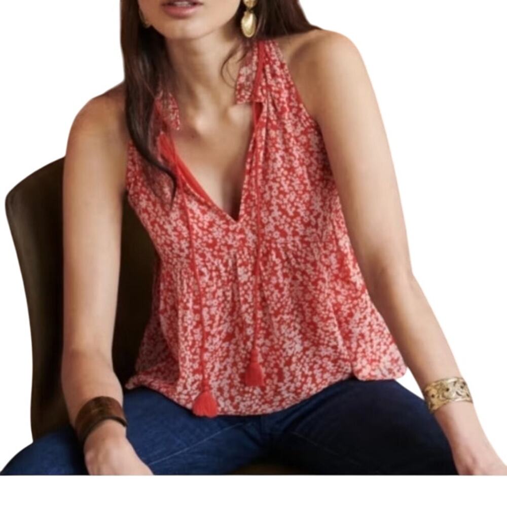 Sézane Women's Red Floral Halter Tie-Front Blouse